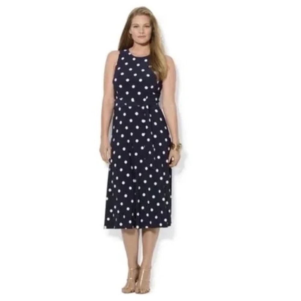 Ralph Lauren Navy Polka Dot Dress with Sash Belt